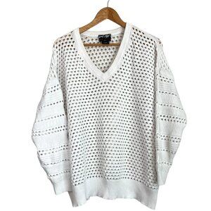 Lord & Taylor White Open Work Long Sleeve V Neck Thin Knit Sweater Plus Size 2X